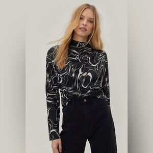 High cowl neck marble print top